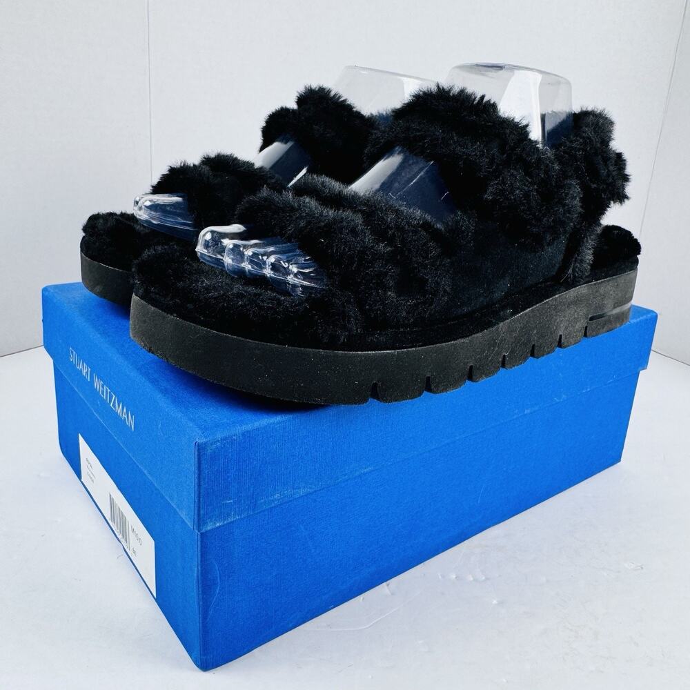 Stuart Weitzman Zoe Lift Chill Sandal - Suede/Faux Fur Blk 8.5 With Box